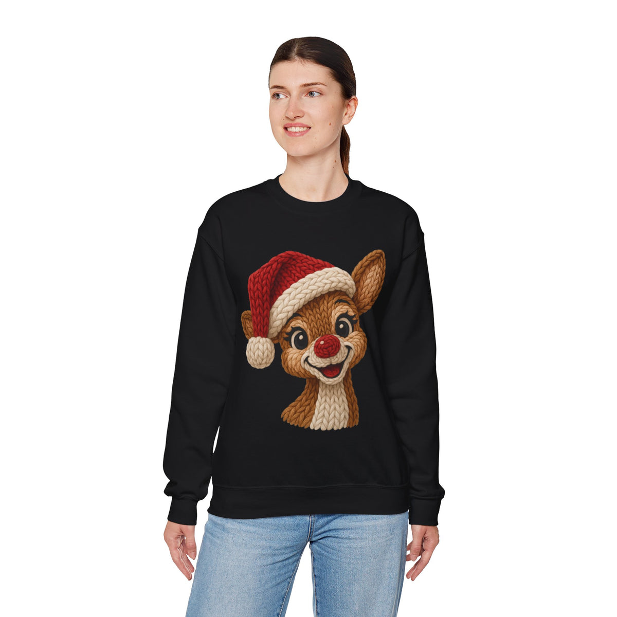 Cute Rudolph Faux Knit Look Reindeer w/Santa Hat – Gildan Heavy Blend | Trendy Women’s Soft Sweatshirt. Direct to Garment. Printed & Shipped in the USA. Unisex Sizes.