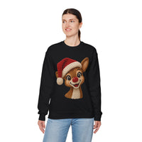 Cute Rudolph Faux Knit Look Reindeer w/Santa Hat – Gildan Heavy Blend | Trendy Women’s Soft Sweatshirt. Direct to Garment. Printed & Shipped in the USA. Unisex Sizes.