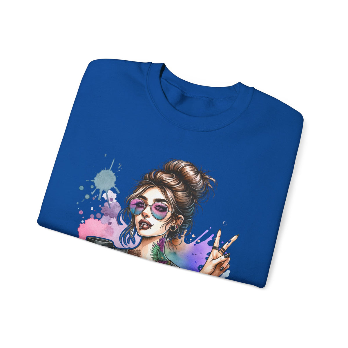 Cool Mombie with Coffee Peace Tattoo - Tired Mom – Gildan Heavy Blend | Trendy Women’s Soft Sweatshirt. Direct to Garment. Printed & Shipped in the USA. Unisex Sizes.