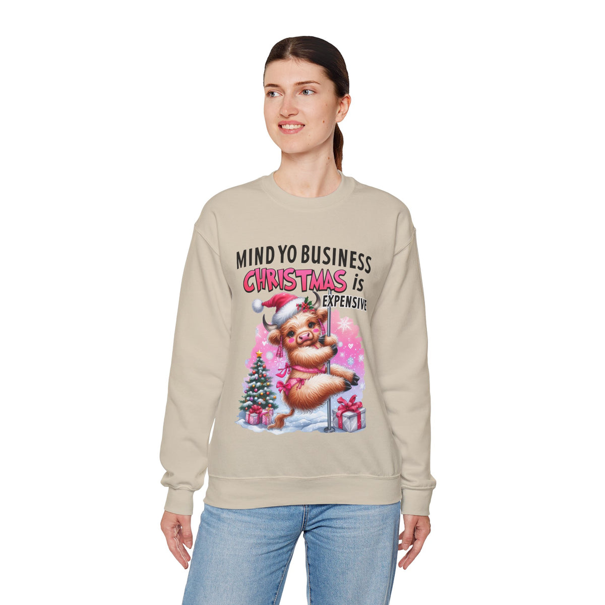 Highland Cow Mind Yo Business Christmas is Expensive – Gildan Heavy Blend | Trendy Women’s Soft Sweatshirt. Direct to Garment. Printed & Shipped in the USA. Unisex Sizes.