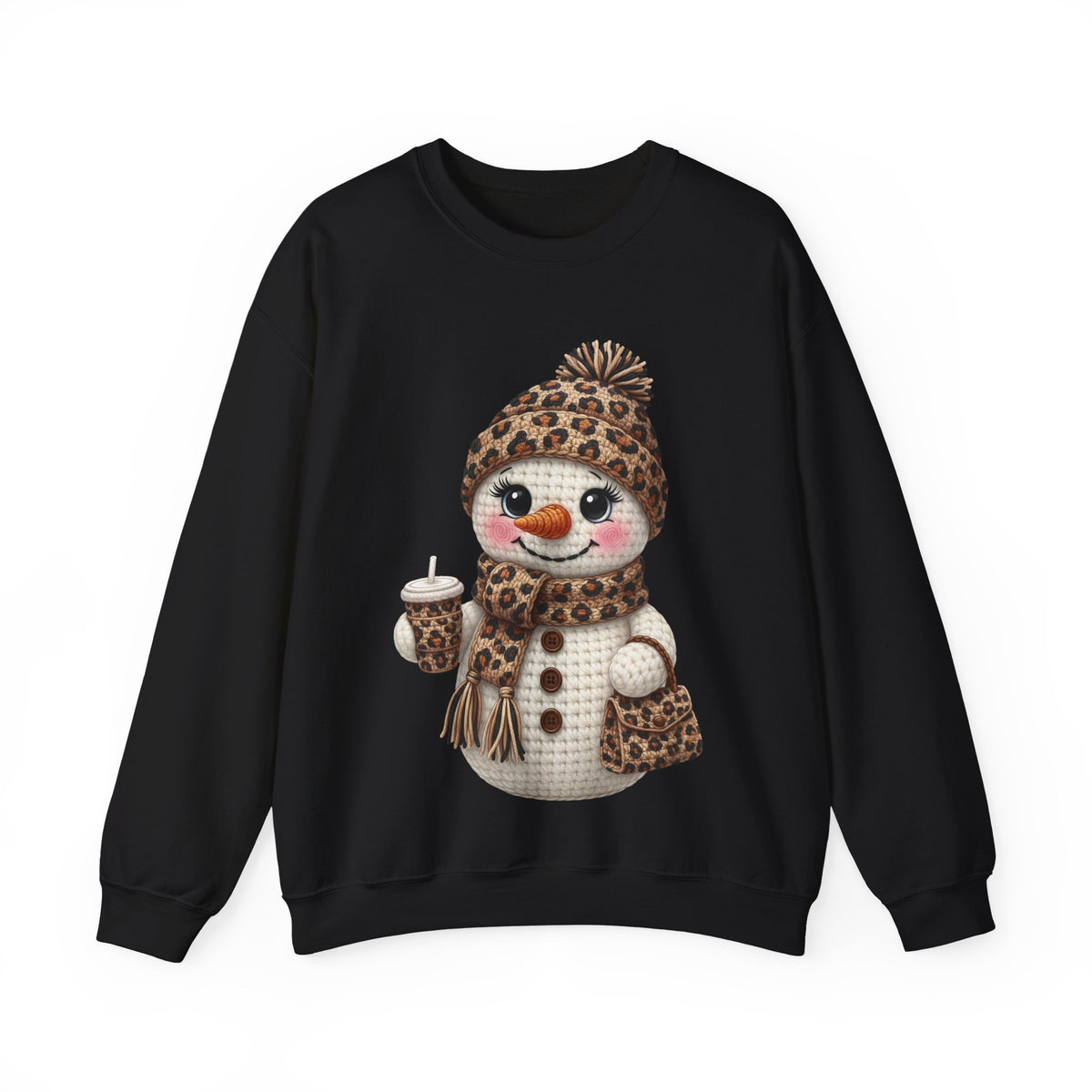 Leopard Snowman - Leopard Purse, Drink, Hat & Scarf – Gildan Heavy Blend | Trendy Women’s Soft Sweatshirt. Direct to Garment. Printed & Shipped in the USA. Unisex Sizes.