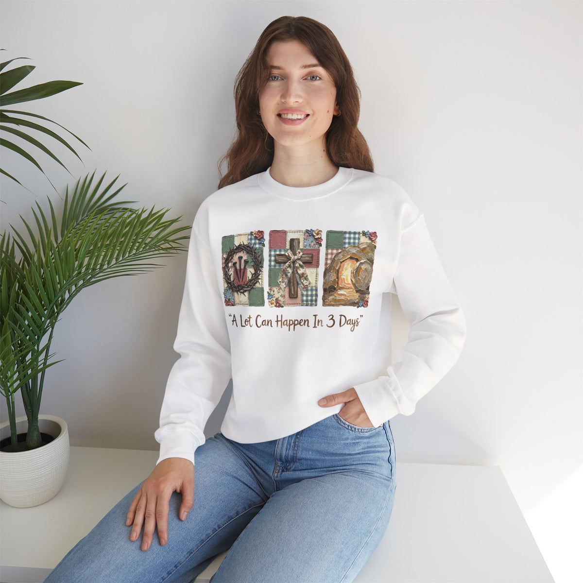 A Lot Can Happen In 3 Days - He is Risen – Gildan Heavy Blend | Trendy Women’s Soft Sweatshirt. Direct to Garment. Printed & Shipped in the USA. Unisex Sizes.