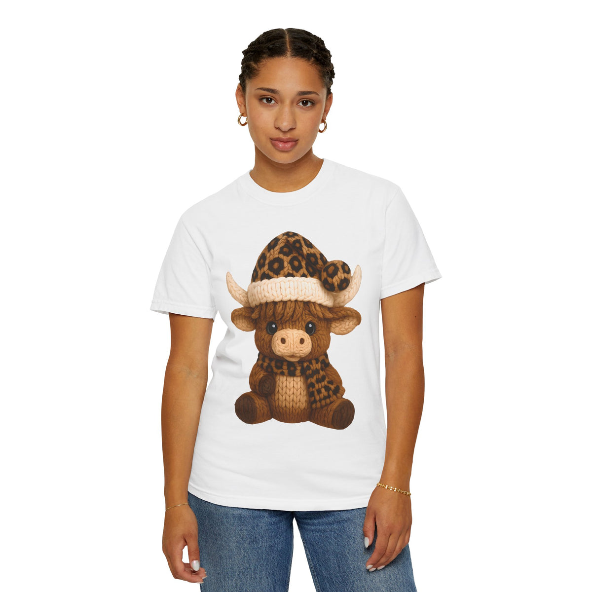Cute Highland Cow with Leopard Santa Hat Christmas - Comfort Colors | Trendy Women's T-Shirt. Direct to Garment. Printed & Shipped in the USA. Unisex Sizes.