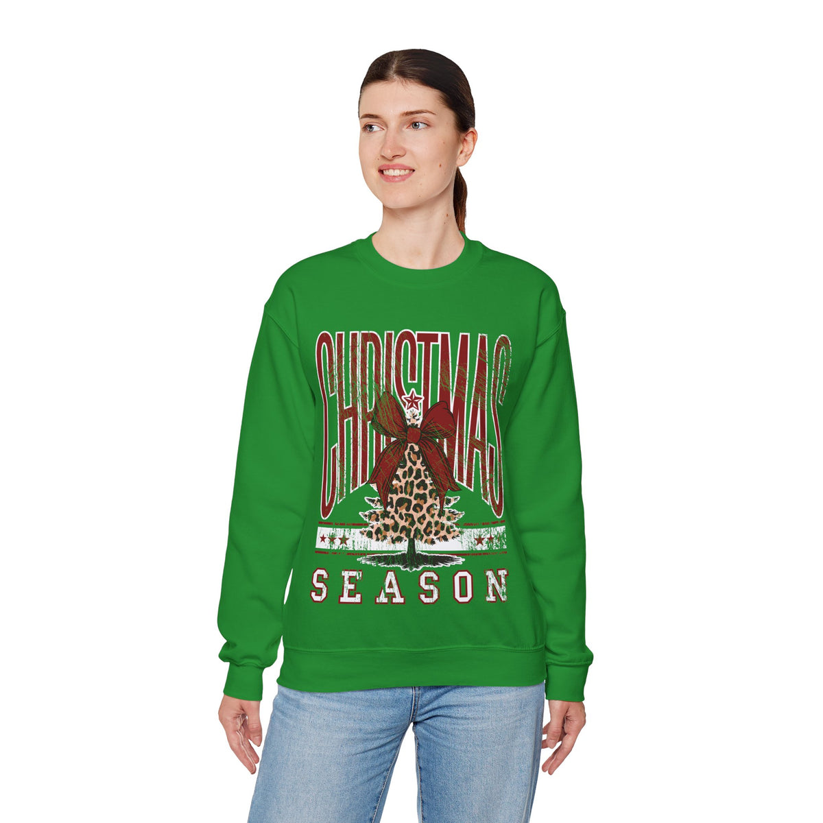 Christmas Season Leopard Tree Distressed – Gildan Heavy Blend | Trendy Women’s Soft Sweatshirt. Direct to Garment. Printed & Shipped in the USA. Unisex Sizes.