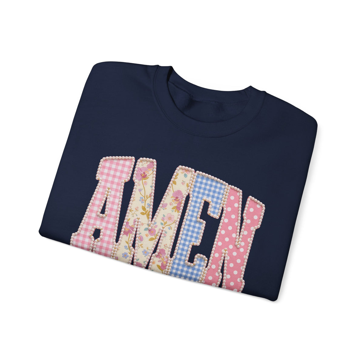 Pastel faux Patchwork AMEN with faux Pearls – Gildan Heavy Blend | Trendy Women’s Soft Sweatshirt. Direct to Garment. Printed & Shipped in the USA. Unisex Sizes.