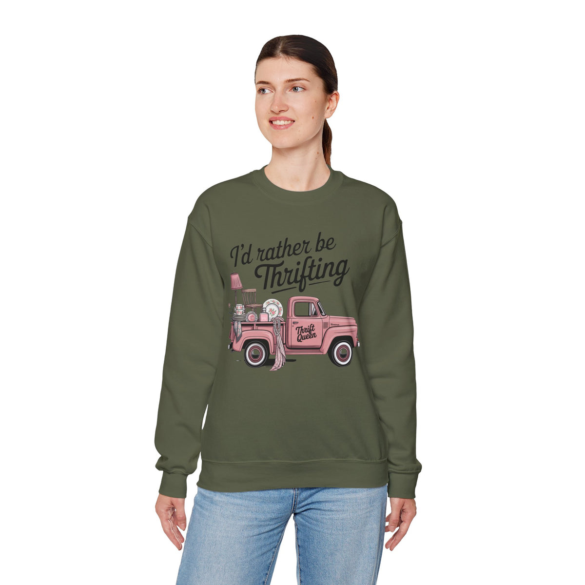 I'd Rather Be Thrifting. Pink Vintage Truck – Gildan Heavy Blend | Trendy Women’s Soft Sweatshirt. Direct to Garment. Printed & Shipped in the USA. Unisex Sizes.