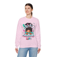 Phlebotomist Life, Messy Bun – Gildan Heavy Blend | Trendy Women’s Soft Sweatshirt. Direct to Garment. Printed & Shipped in the USA. Unisex Sizes.