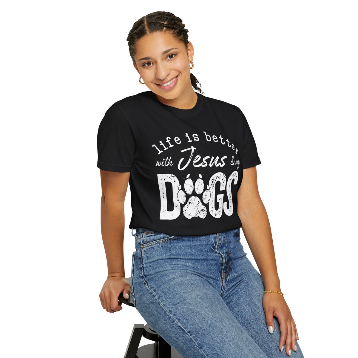 Life is Better With Jesus and My Dogs - Comfort Colors | Trendy Women's and Men's T-Shirt. Direct to Garment. Printed & Shipped in the USA. Unisex Sizes.