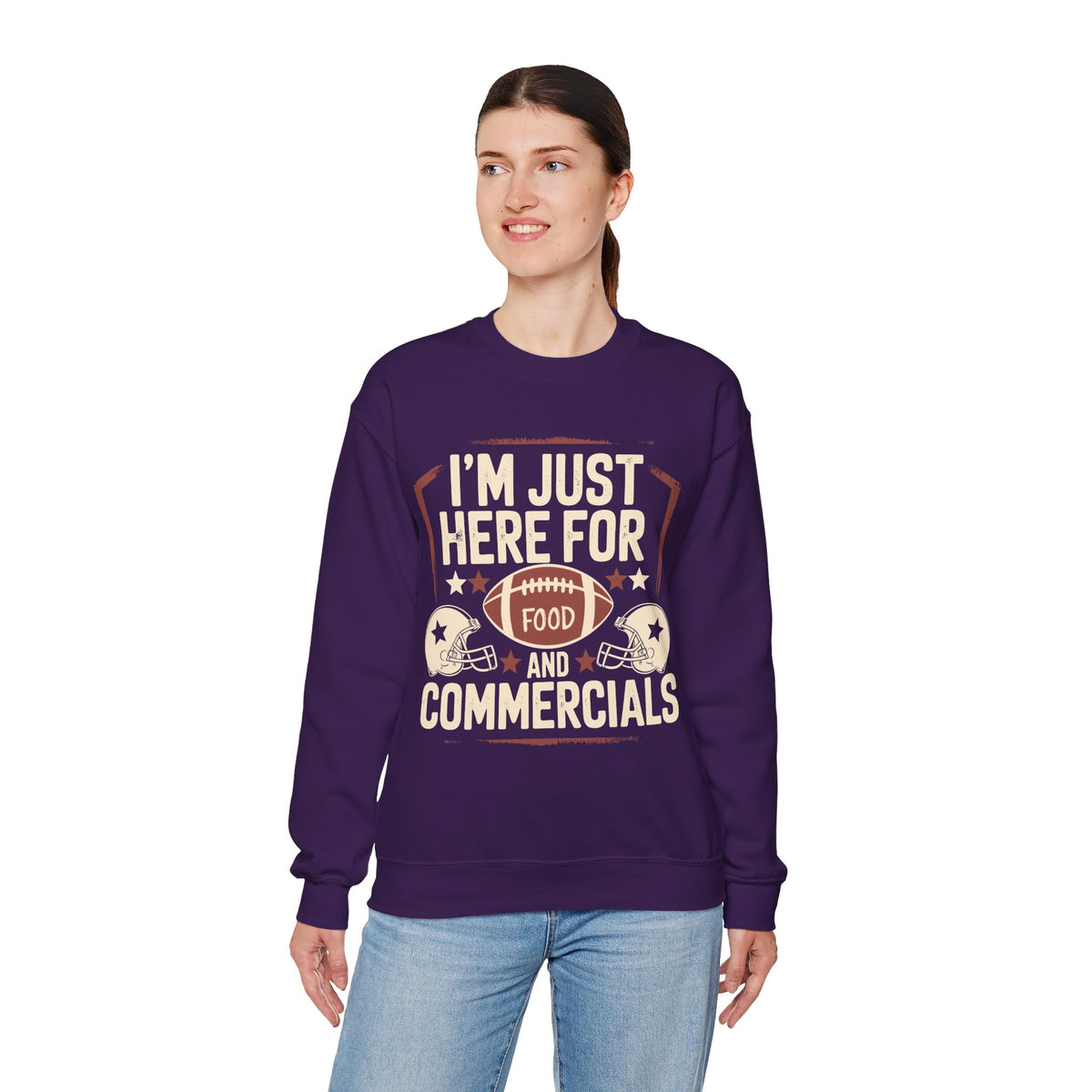 I'm Just Here for Food and Commercials – Gildan Heavy Blend | Trendy Women’s and Men's Soft Sweatshirt. Direct to Garment. Printed & Shipped in the USA. Unisex Sizes.