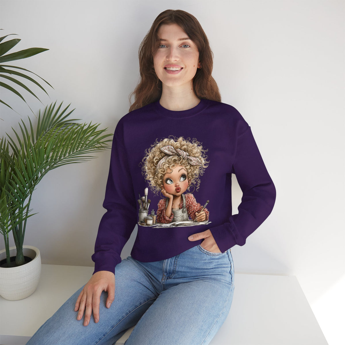 Cute Artist Curly Girl – Gildan Heavy Blend | Trendy Women’s Soft Sweatshirt. Direct to Garment. Printed & Shipped in the USA. Unisex Sizes.