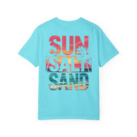 Sun Salt Sand, Beach Sunset - Front & Back Print - Comfort Colors | Trendy Women's and Men's T-Shirt. Direct to Garment. Printed & Shipped in the USA. Unisex Sizes.