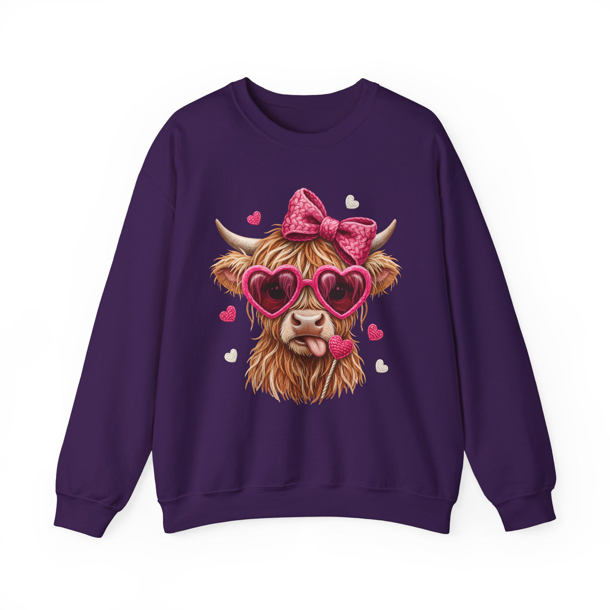 Highland Cow - Pink Heart Shaped Glasses – Gildan Heavy Blend | Trendy Women’s Soft Sweatshirt. Direct to Garment. Printed & Shipped in the USA. Unisex Sizes.