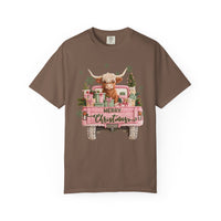 Highland Cow in Pink Truck Merry Christmas Holiday Farmhouse - Comfort Colors | Trendy Women's T-Shirt. Direct to Garment. Printed & Shipped in the USA. Unisex Sizes.