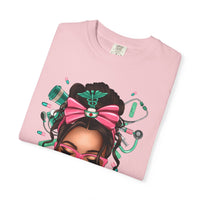 Nurse Life Messy Bun, Cute Stethoscope & Syringe - Comfort Colors | Trendy Women's T-Shirt. Direct to Garment. Printed & Shipped in the USA. Unisex Sizes.