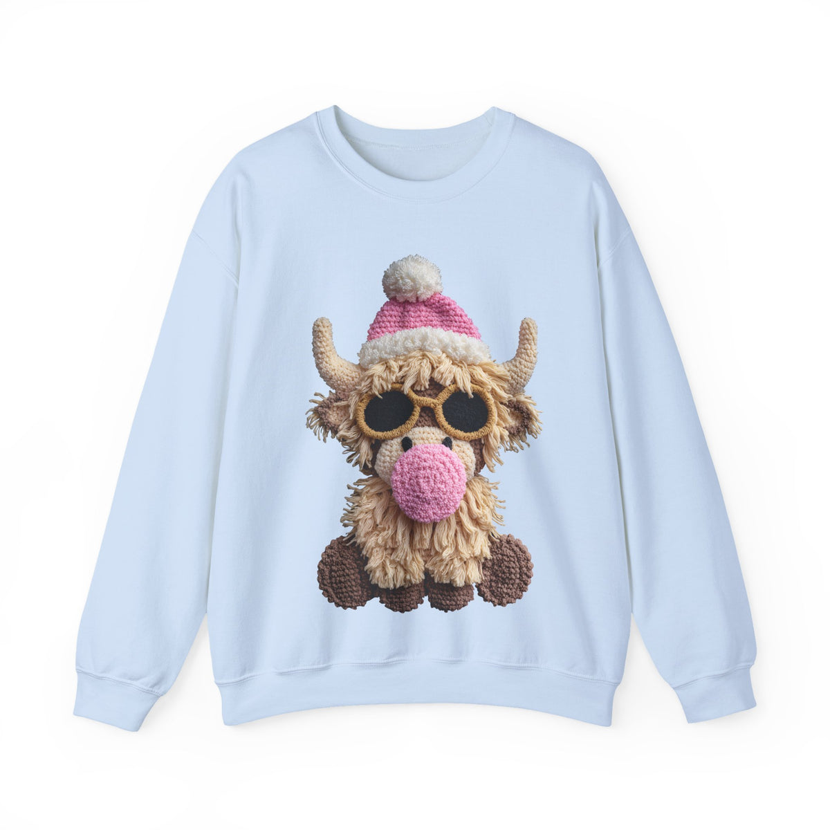Faux Crochet Highland Cow Bubblegum – Gildan Heavy Blend | Trendy Women’s Soft Sweatshirt. Direct to Garment. Printed & Shipped in the USA. Unisex Sizes.