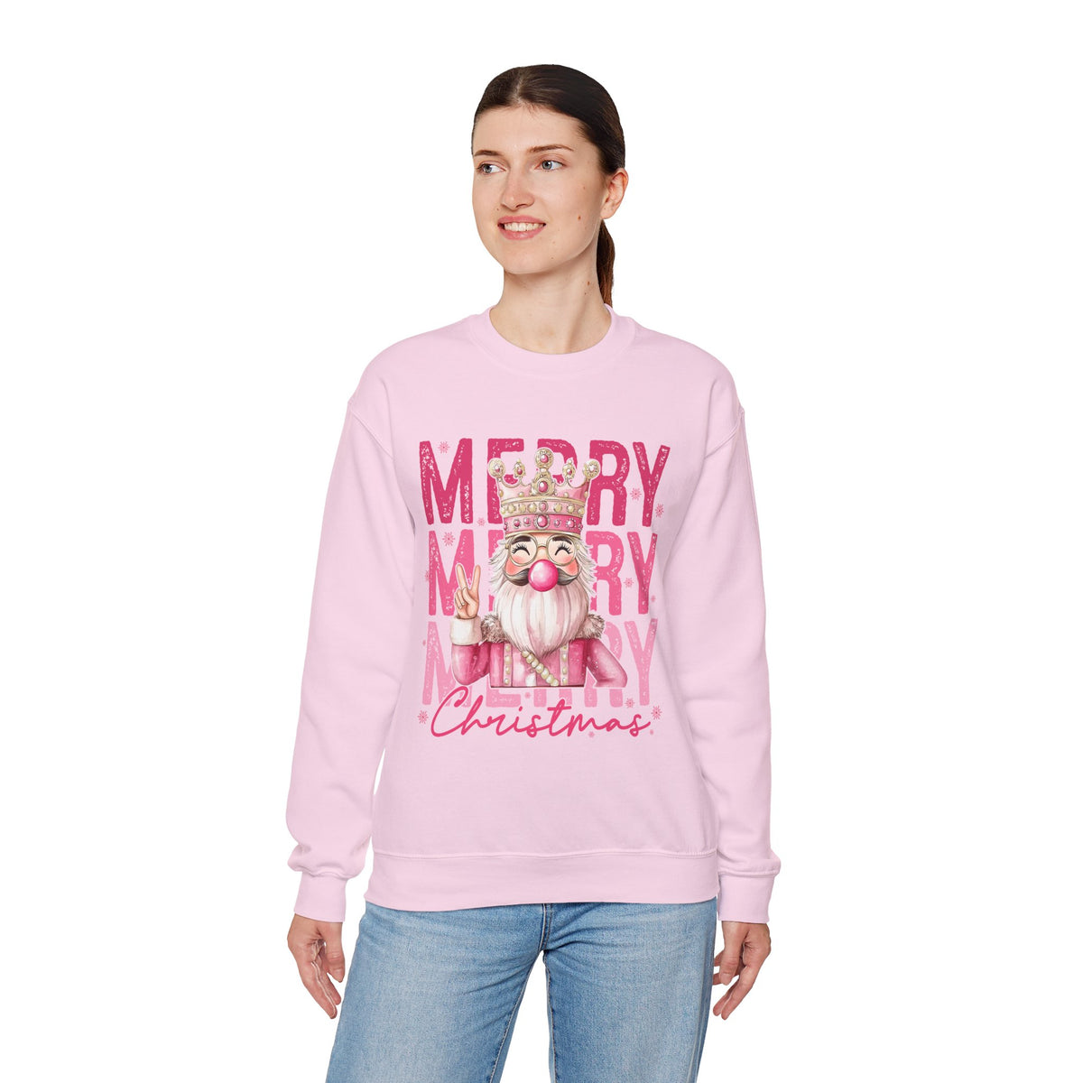 Merry Christmas - Cute Pink Bubblegum Nutcracker – Gildan Heavy Blend | Trendy Women’s Soft Sweatshirt. Direct to Garment. Printed & Shipped in the USA. Unisex Sizes.