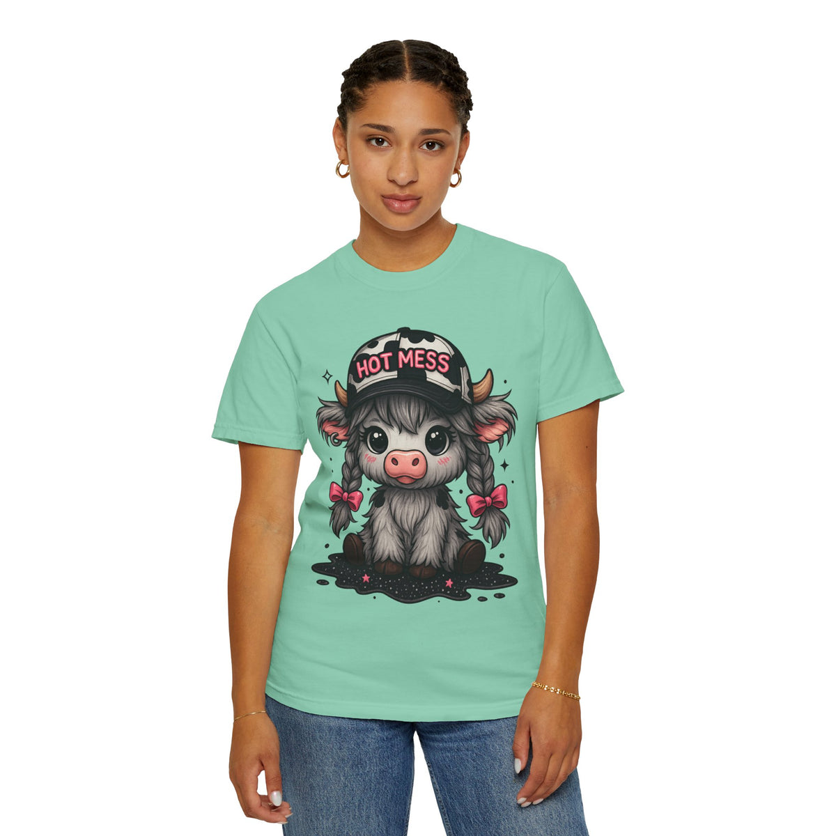 Cute Highland Cow 'Hot Mess' In Braids  - Comfort Colors | Trendy Women's T-Shirt. Direct to Garment. Printed & Shipped in the USA. Unisex Sizes.
