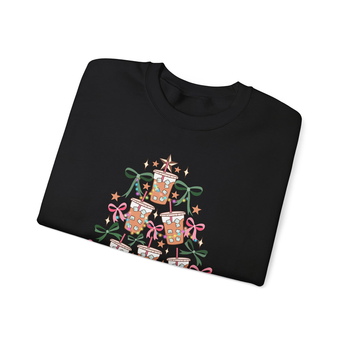 Merry and Caffeinated Iced Coffee Christmas Tree – Gildan Heavy Blend | Trendy Women’s Soft Sweatshirt. Direct to Garment. Printed & Shipped in the USA. Unisex Sizes.