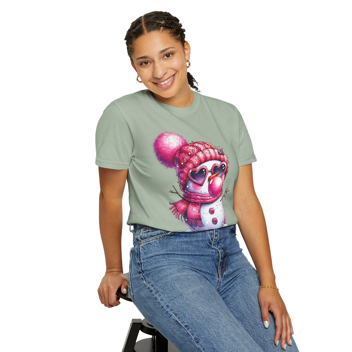 Pink Girly Snowman with Heart Sunglasses and Bubblegum Winter - Comfort Colors | Trendy Women's T-Shirt. Direct to Garment. Printed & Shipped in the USA. Unisex Sizes.