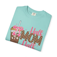 Half Mom Half Coffee. Cute Leopard Print Coffee Design - Comfort Colors | Trendy Women's T-Shirt. Direct to Garment. Printed & Shipped in the USA. Unisex Sizes.