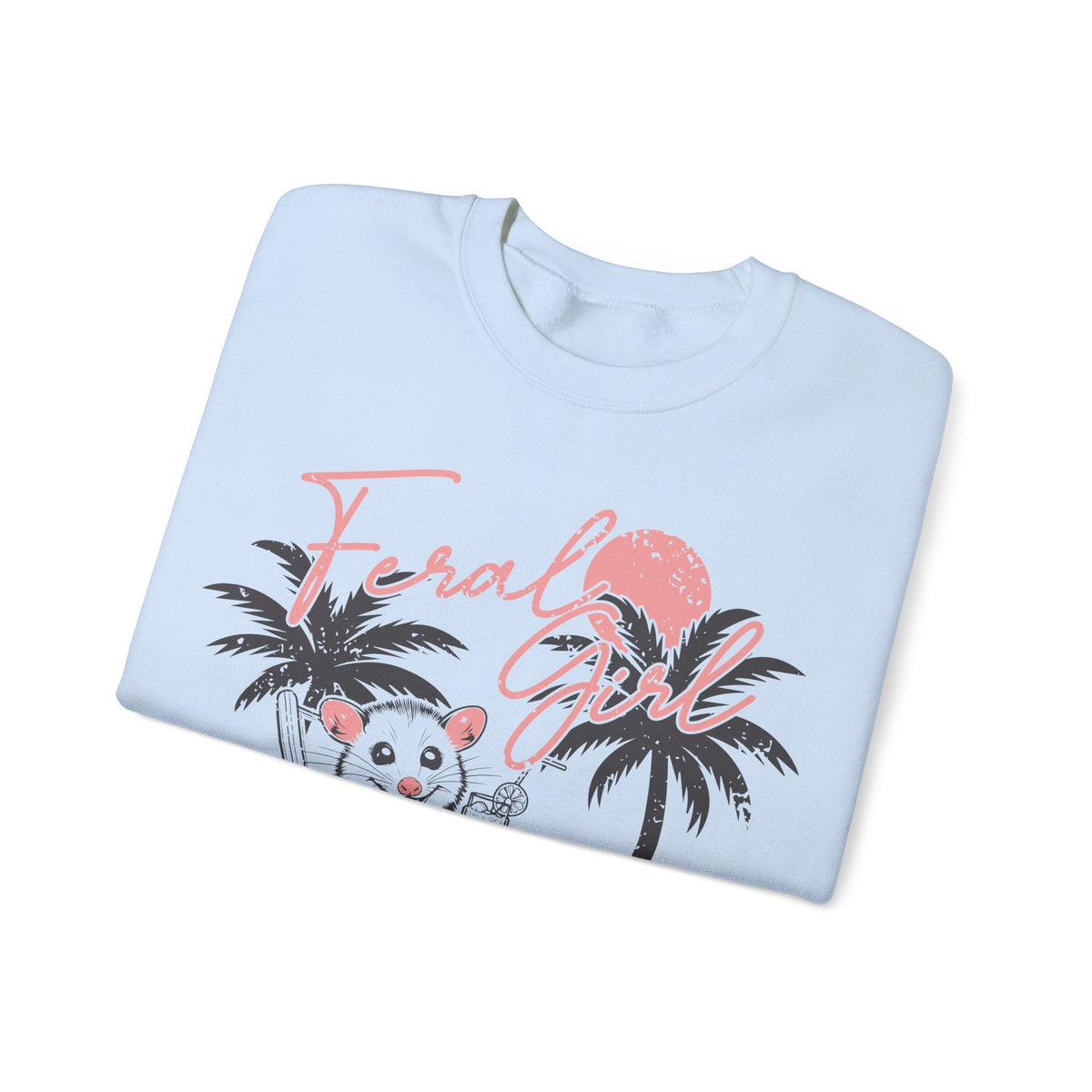 Feral Girl Summer, Possum on a Beach – Gildan Heavy Blend | Trendy Women’s Soft Sweatshirt. Direct to Garment. Printed & Shipped in the USA. Unisex Sizes.