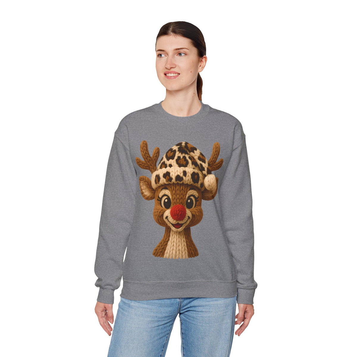 Rudolph Reindeer Leopard Santa Hat Christmas – Gildan Heavy Blend | Trendy Women’s Soft Sweatshirt. Direct to Garment. Printed & Shipped in the USA. Unisex Sizes.