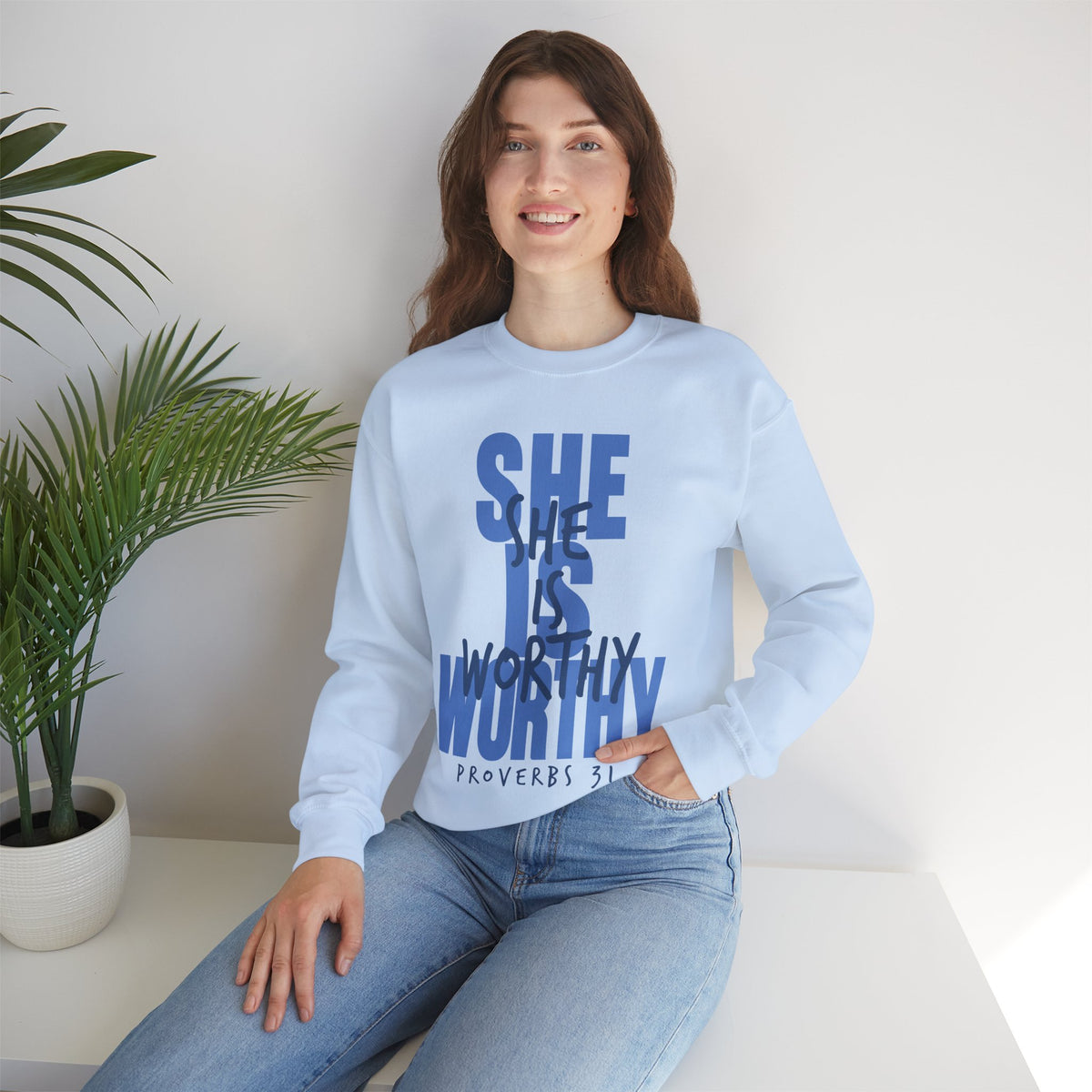 She Is Worthy – Gildan Heavy Blend | Trendy Women’s Soft Sweatshirt. Direct to Garment. Printed & Shipped in the USA. Unisex Sizes.