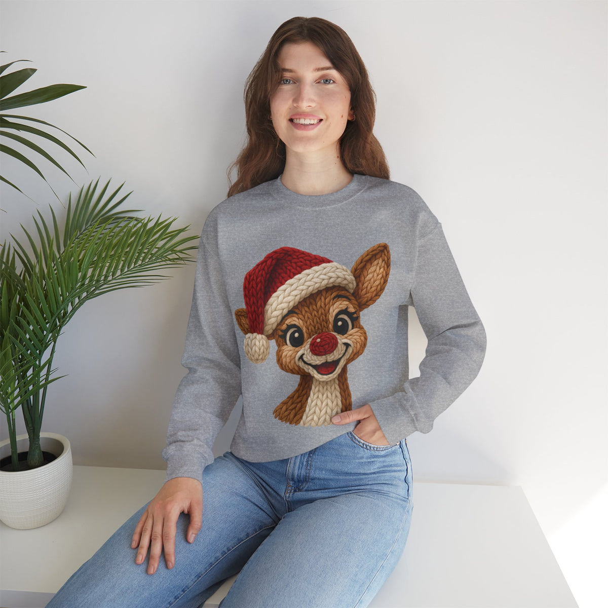 Cute Rudolph Faux Knit Look Reindeer w/Santa Hat – Gildan Heavy Blend | Trendy Women’s Soft Sweatshirt. Direct to Garment. Printed & Shipped in the USA. Unisex Sizes.
