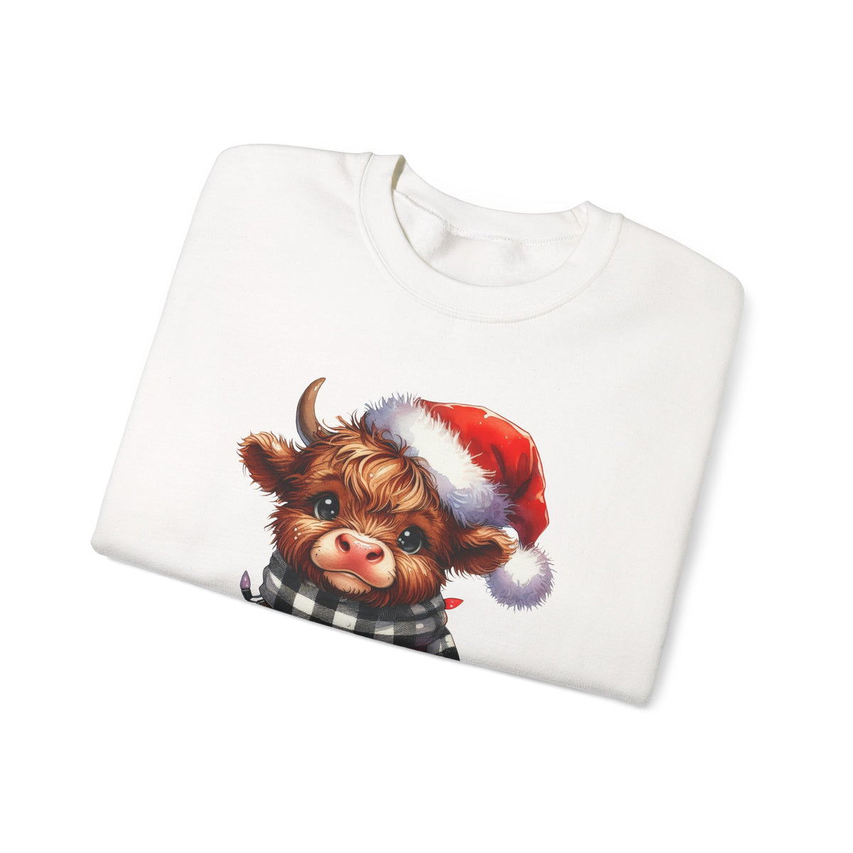 Cute Highland Cow Santa Hat Scarf Christmas Lights – Gildan Heavy Blend | Trendy Women’s Soft Sweatshirt. Direct to Garment. Printed & Shipped in the USA. Unisex Sizes.