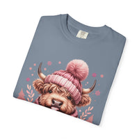 Cozy Highland Cow, Winter Coffee Mug & Scarf - Comfort Colors | Trendy Women's T-Shirt. Direct to Garment. Printed & Shipped in the USA. Unisex Sizes.