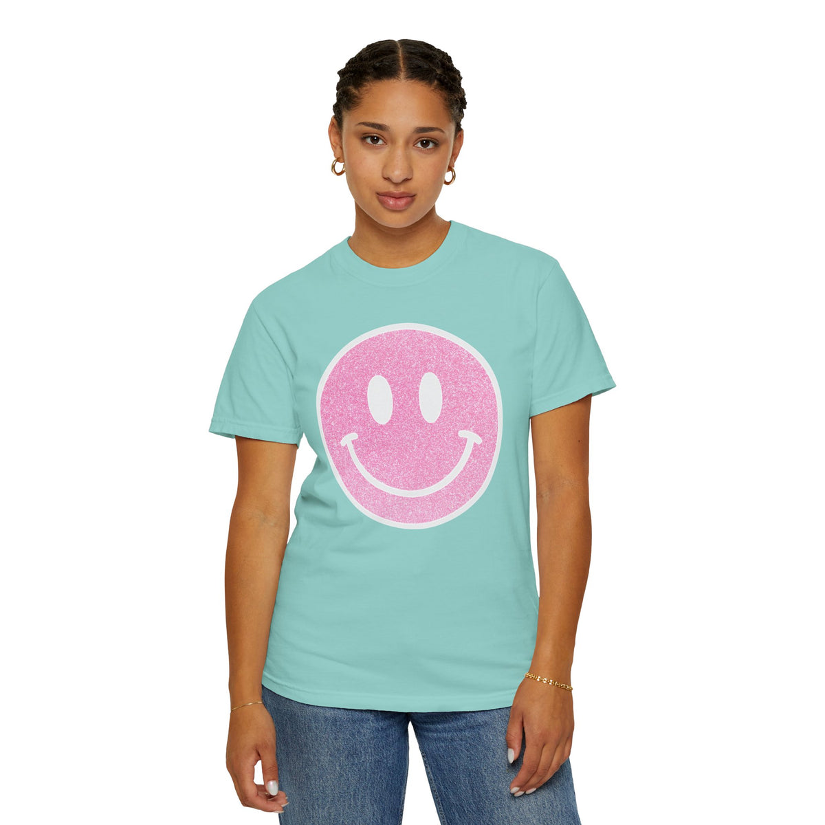 Faux Glitter Smiley - Comfort Colors | Trendy Women's T-Shirt. Direct to Garment. Printed & Shipped in the USA. Unisex Sizes.
