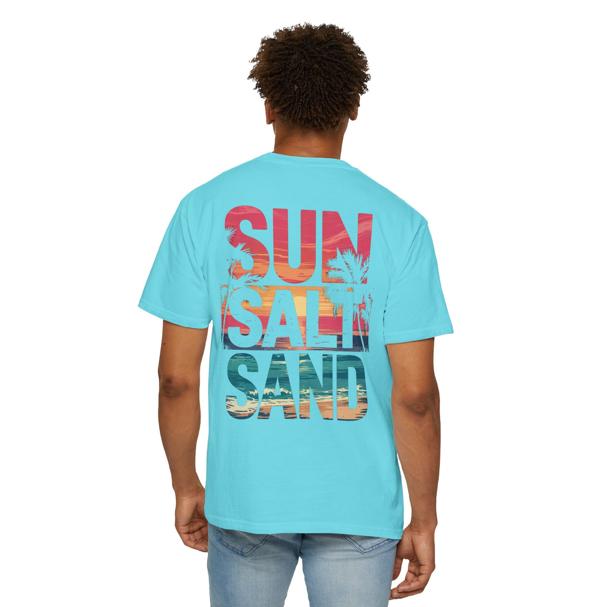 Sun Salt Sand, Beach Sunset - Front & Back Print - Comfort Colors | Trendy Women's and Men's T-Shirt. Direct to Garment. Printed & Shipped in the USA. Unisex Sizes.