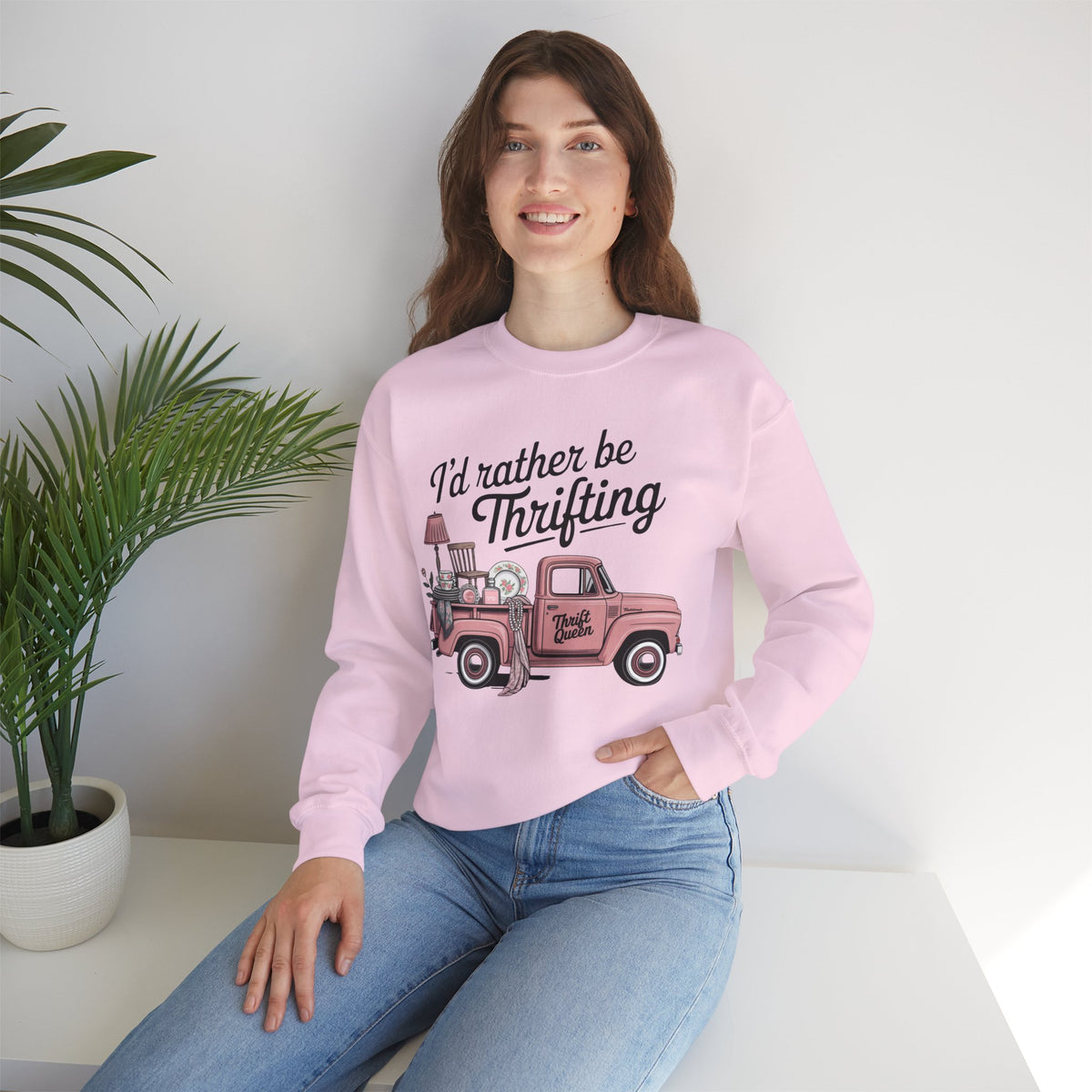 I'd Rather Be Thrifting. Pink Vintage Truck – Gildan Heavy Blend | Trendy Women’s Soft Sweatshirt. Direct to Garment. Printed & Shipped in the USA. Unisex Sizes.