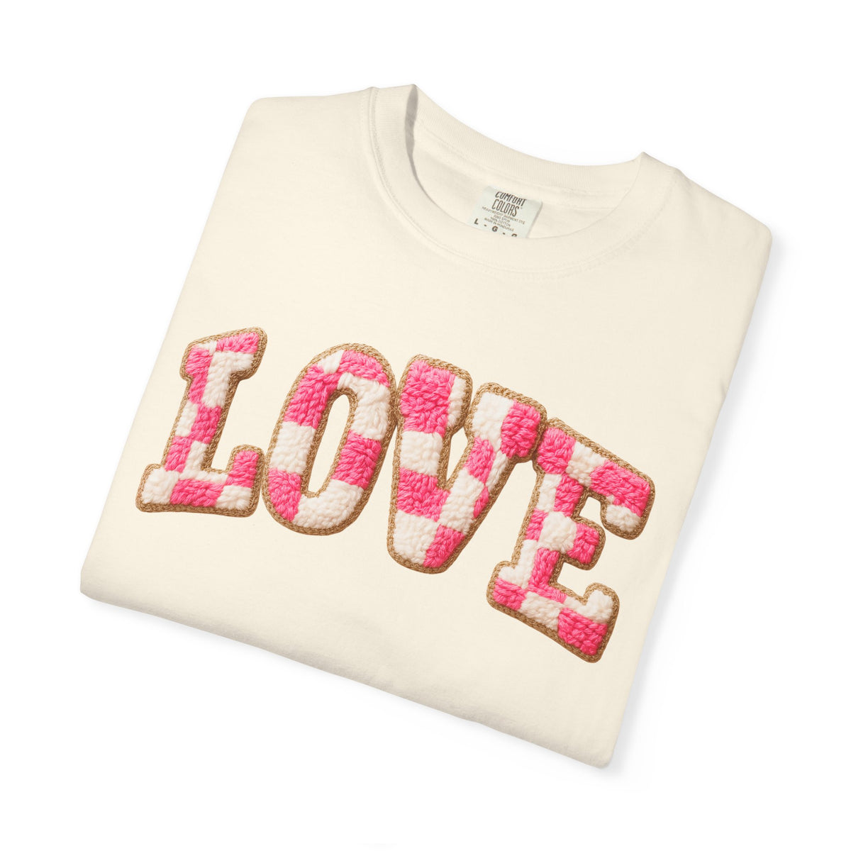 Faux Crochet Checkered LOVE - Comfort Colors | Trendy Women's T-Shirt. Direct to Garment. Printed & Shipped in the USA. Unisex Sizes.