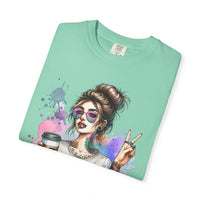 Cool Mombie with Coffee Peace Tattoo - Comfort Colors | Trendy Women's T-Shirt. Direct to Garment. Printed & Shipped in the USA. Unisex Sizes.