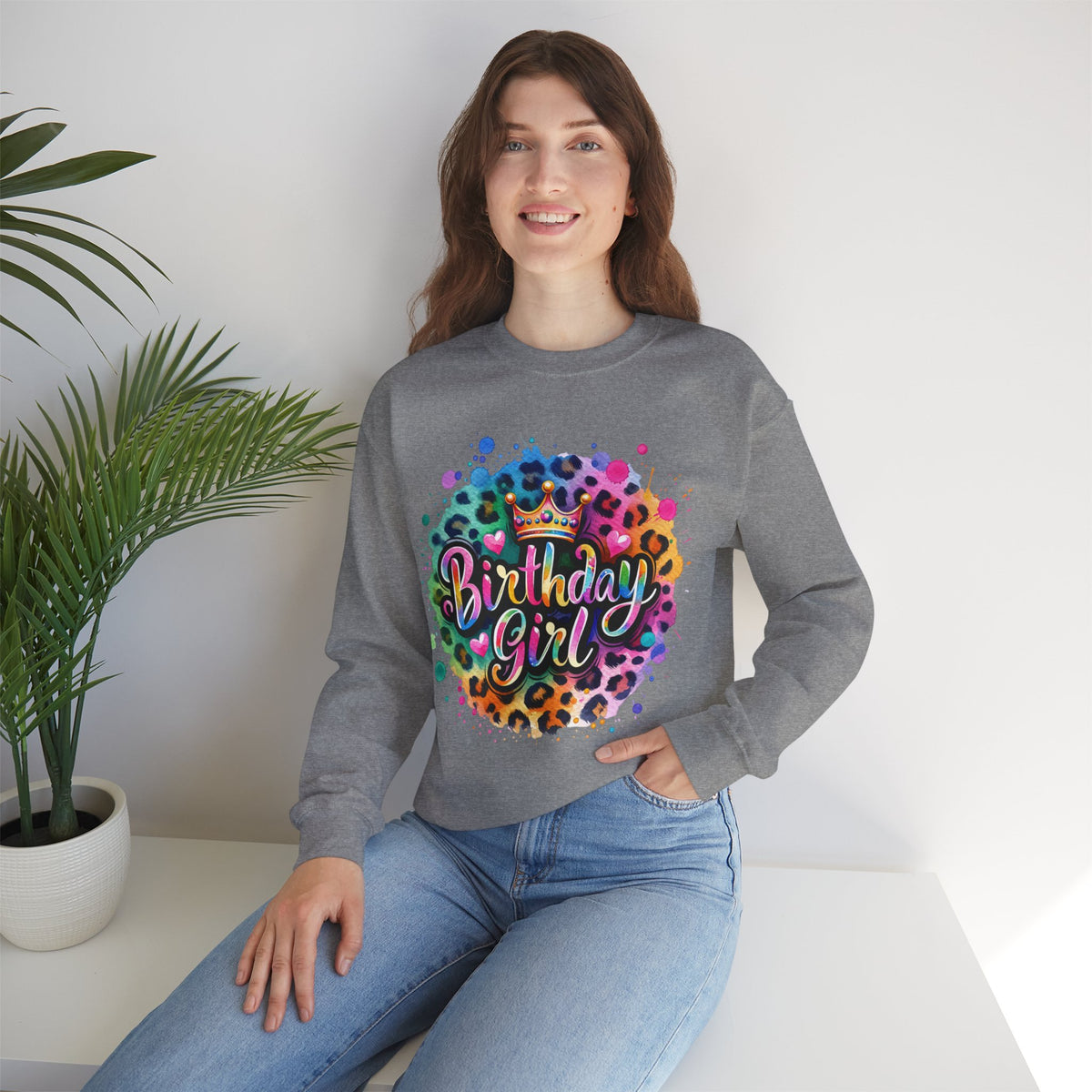 Birthday Girl, Neon Leopard – Gildan Heavy Blend | Trendy Women’s Soft Sweatshirt. Direct to Garment. Printed & Shipped in the USA. Unisex Sizes.