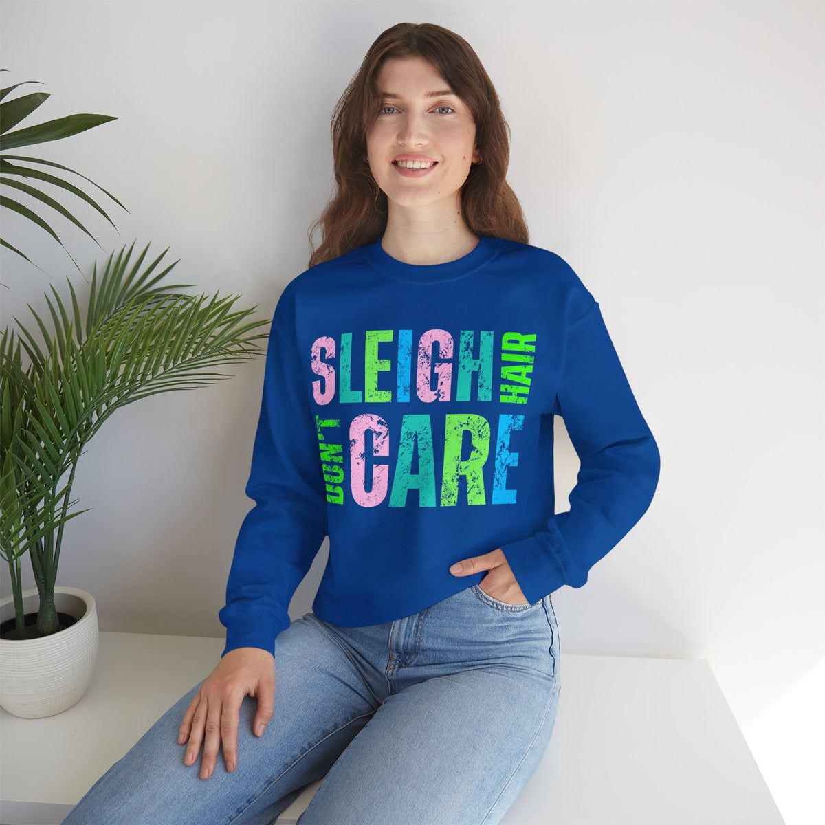 Sleigh Hair Don’t Care, Funny Christmas Graphic Tee – Gildan Heavy Blend | Trendy Women’s Soft Sweatshirt. Direct to Garment. Printed & Shipped in the USA. Unisex Sizes.