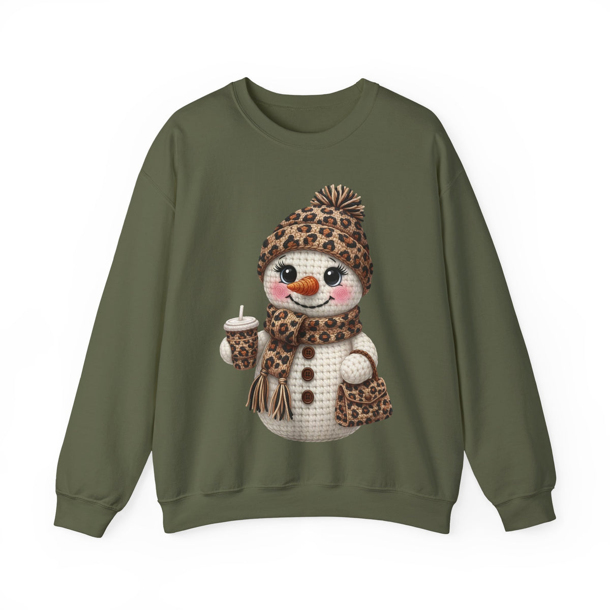 Leopard Snowman - Leopard Purse, Drink, Hat & Scarf – Gildan Heavy Blend | Trendy Women’s Soft Sweatshirt. Direct to Garment. Printed & Shipped in the USA. Unisex Sizes.