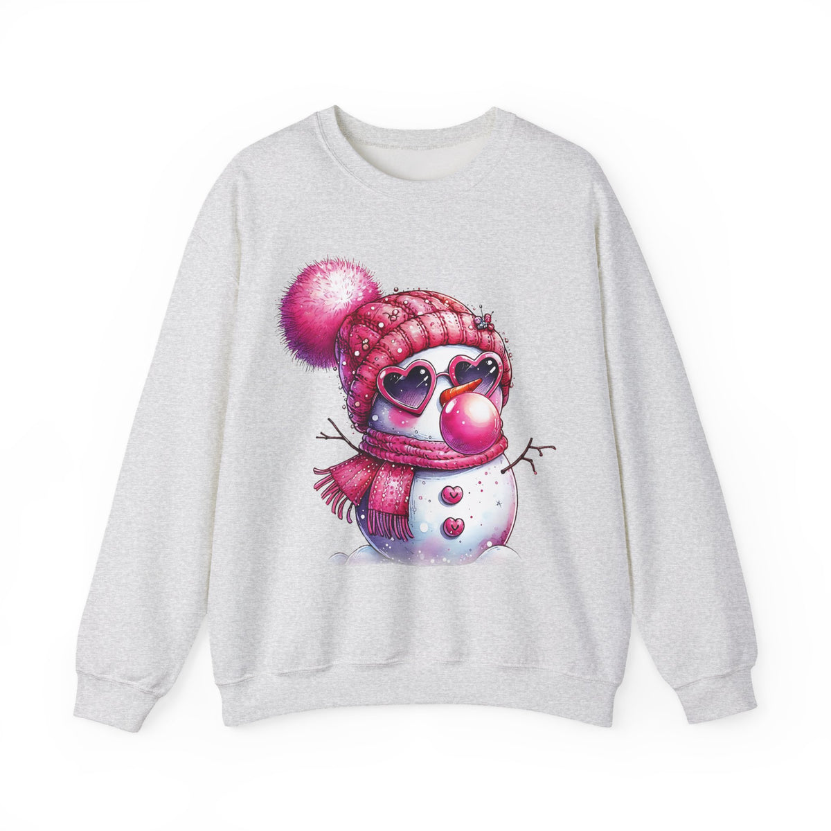 Pink Girly Snowman with Heart Sunglasses and Bubblegum Winter – Gildan Heavy Blend | Trendy Women’s Soft Sweatshirt. Direct to Garment. Printed & Shipped in the USA. Unisex Sizes.