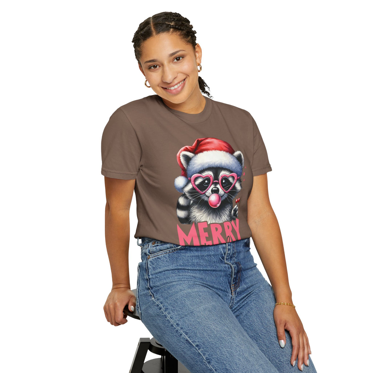 Merry Trashmas Bubblegum Raccoon w/Santa Hat Christmas - Comfort Colors | Trendy Women's T-Shirt. Direct to Garment. Printed & Shipped in the USA. Unisex Sizes.