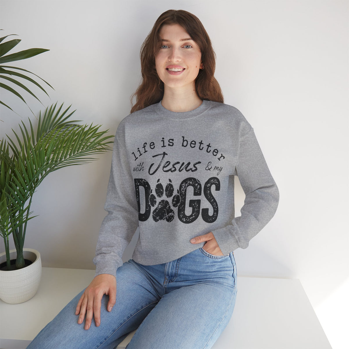 Life is Better With Jesus and My Dogs – Gildan Heavy Blend | Trendy Women’s and Men's Soft Sweatshirt. Direct to Garment. Printed & Shipped in the USA. Unisex Sizes.