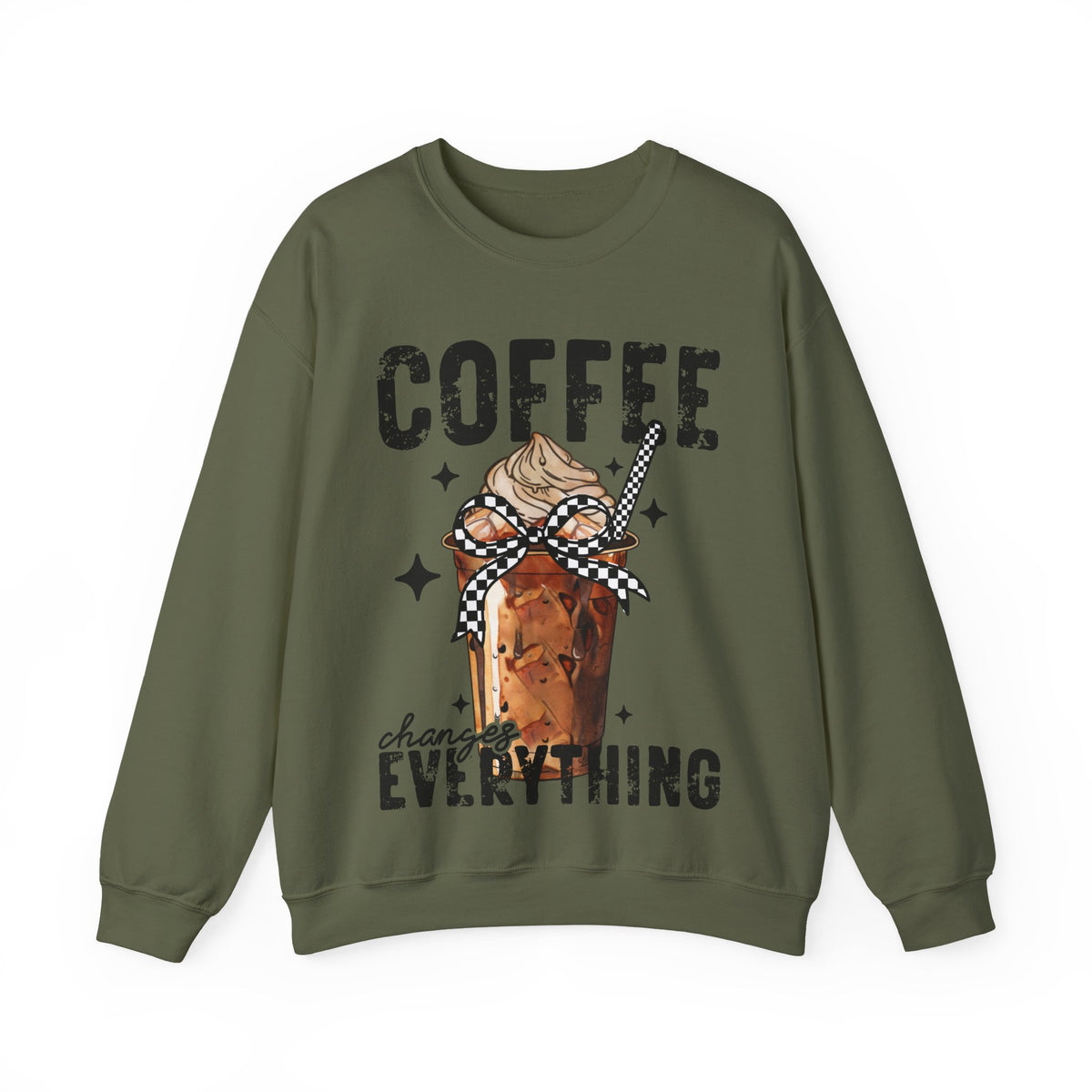 Coffee Changes Everything, Iced Coffee, Coffee Lovers – Gildan Heavy Blend | Trendy Women’s Soft Sweatshirt. Direct to Garment. Printed & Shipped in the USA. Unisex Sizes.
