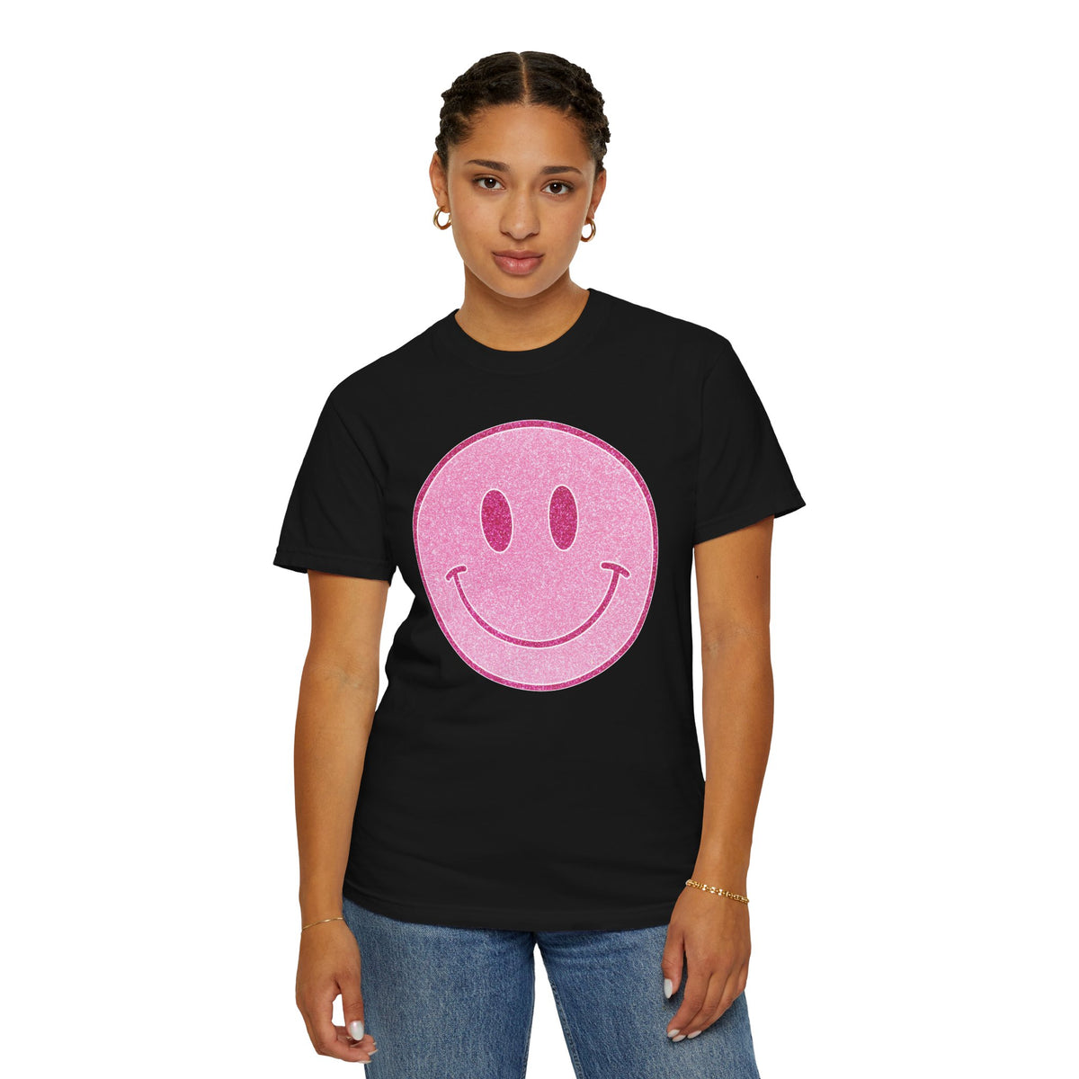 Faux Glitter Smiley - Comfort Colors | Trendy Women's T-Shirt. Direct to Garment. Printed & Shipped in the USA. Unisex Sizes.