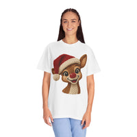 Cute Rudolph Faux Knit Look Reindeer w/Santa Hat - Comfort Colors | Trendy Women's T-Shirt. Direct to Garment. Printed & Shipped in the USA. Unisex Sizes.