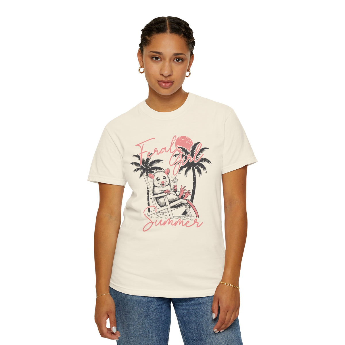 Feral Girl Summer, Possum on a Beach - Comfort Colors | Trendy Women's T-Shirt. Direct to Garment. Printed & Shipped in the USA. Unisex Sizes.