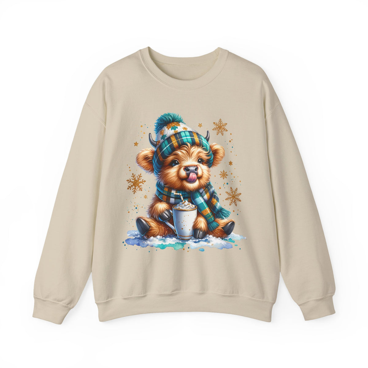 Winter Baby Highland Cow with Cocoa – Gildan Heavy Blend | Trendy Women’s Soft Sweatshirt. Direct to Garment. Printed & Shipped in the USA. Unisex Sizes.