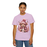 Cozy Highland Cow, Winter Coffee Mug & Scarf - Comfort Colors | Trendy Women's T-Shirt. Direct to Garment. Printed & Shipped in the USA. Unisex Sizes.