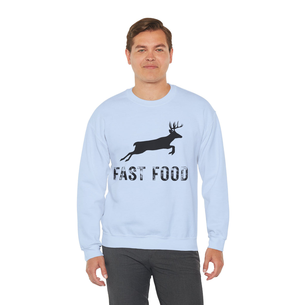Fast Food Deer Hunting Humor Distressed – Gildan Heavy Blend | Trendy Men's and Women’s Soft Sweatshirt. Direct to Garment. Printed & Shipped in the USA. Unisex Sizes.