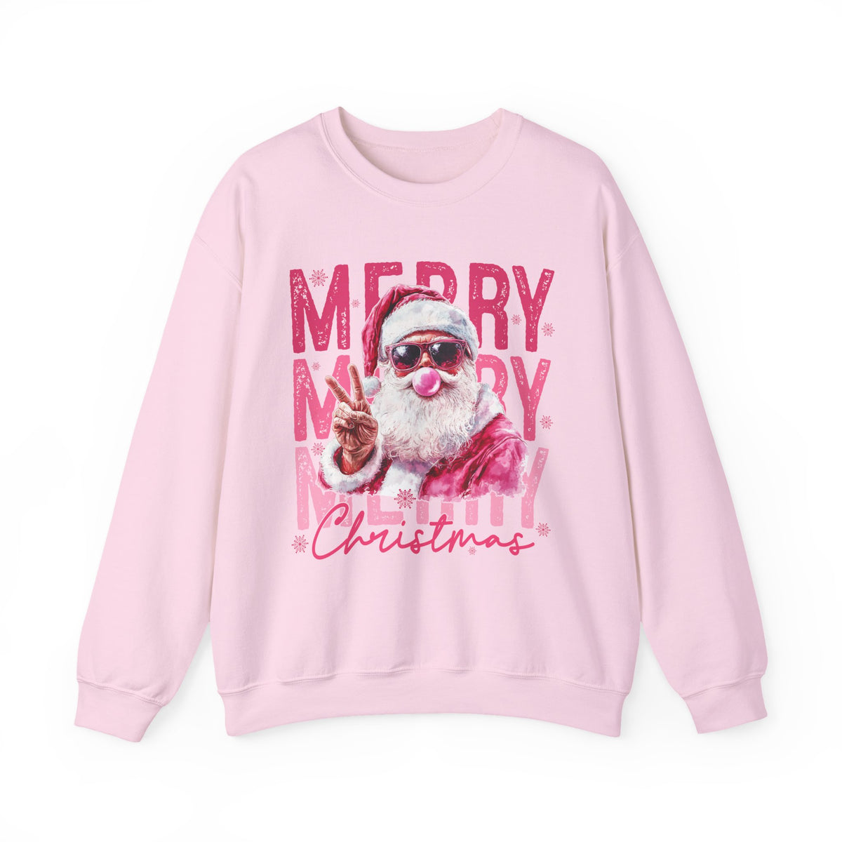 Pink Merry Christmas Bubblegum Santa – Gildan Heavy Blend | Trendy Women’s Soft Sweatshirt. Direct to Garment. Printed & Shipped in the USA. Unisex Sizes.