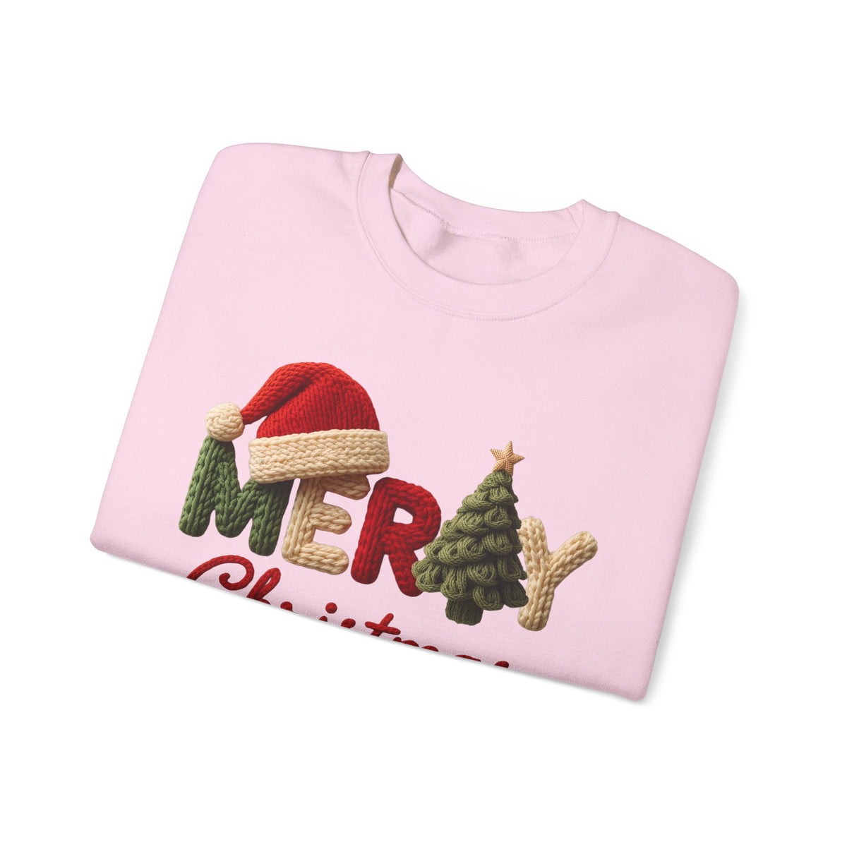 Merry Christmas Faux Yarn w/Santa Hat & Tree – Gildan Heavy Blend | Trendy Women’s Soft Sweatshirt. Direct to Garment. Printed & Shipped in the USA. Unisex Sizes.